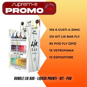 PROMO LIK BAR JUICE PACK KIT FLY (21 KIT - 60 LIQUIDI - 8 CONF POD) + ESPOSITORE SUPREM-E